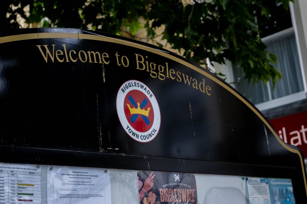 A close up image of the top of an outdoors notice board which has a curved top with a gold border against black paint. In gold it says Welcome to Biggleswade and underneath is circular symbol of a coat of arms featuring a yellow crown in a blue cross in a red circle with a white border. There are leaves above the notice board and a shop window in the background. 